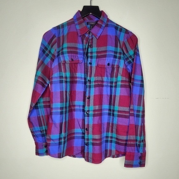 J. Crew Tops - J Crew Plaid Long Sleeve Button Up Shirt Pockets Multi Preppy Classic 6